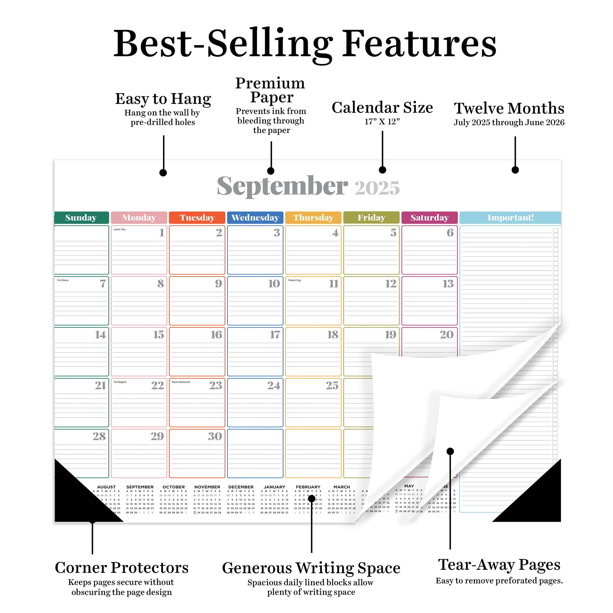 July 2025 - June 2026 Medium Rainbow Blocks Desk Pad Monthly Blotter Calendar